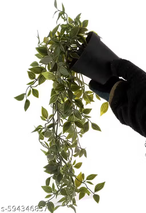PAPERI Artificial Hanging Plant for Home Decor – Balcony Decoration Items, Fake Plant, Plastic Vine Leaves with Pot, Long Green Leaf Vines for Living Room, Wall, Window (Pack of 1)