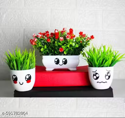 Artificial Round Potted Smilee Green Grass Plants | Artificial plant, Smiley Face Pots for Home Décor Items, Office, Indoors, Outdoors, and DIY Decor Gifts (Combo_RedBonsai_Cool_Sad_P3, Height : 14cm)