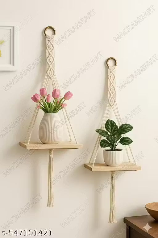 Wall Hanging Book Shelf | Boho Bedroom Wall Decor | Wood Floating Hanging Storage Shelf Organizer | Macrame Shelf for Hanging Plants and Wall Decor set of 2 ( best quality and best product )