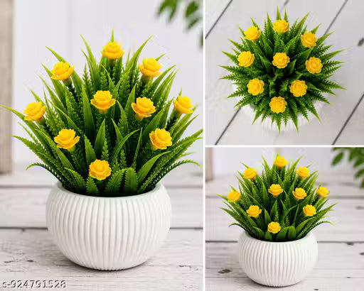 Artificial Yellow Tulip Plant with White Pot | Mini Desk Decor Flower Vase | Home Office Table Decoration Item | Small Decorative Indoor Plant