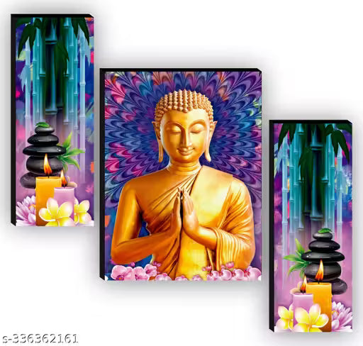 SAF Set of 3 Buddha religious modern art wall painting | Wall Hanging Wooden Art Decoration item for Living Room | Bedroom | Home Decor | Gifts | Quotes Decor Item | Wall Art For Hall | Mdf Wall Decoration 12 inch x 18 inch