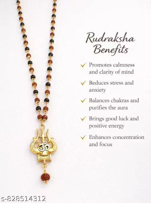 Original 54 Beads Karungali Rudraksha Mala | Gold Finish Om Trishul Pendant | Certified Ebony Wood Mala