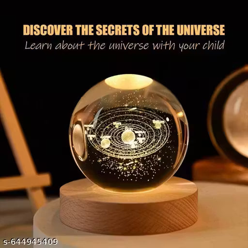 Crystal Ball Lamp with Wooden LED Base | Engraved 3D Moon & Stars Night Light | USB Rechargeable Home Décor | Birthday Gift for Teens, Boys & Girls (solarsystem Lamp)