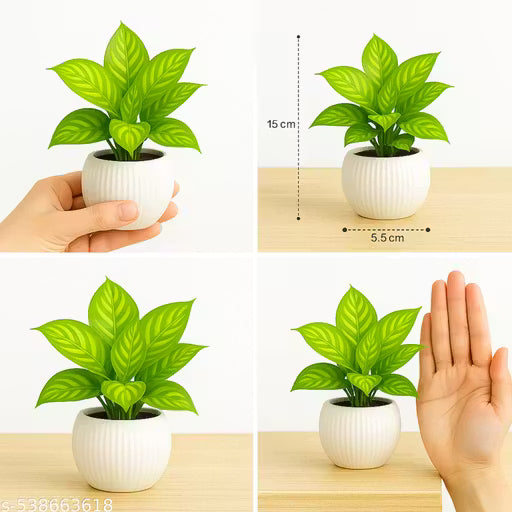 Set of 2 Artificial Green Leaf Plants with White Pot for Home & Office Decor
